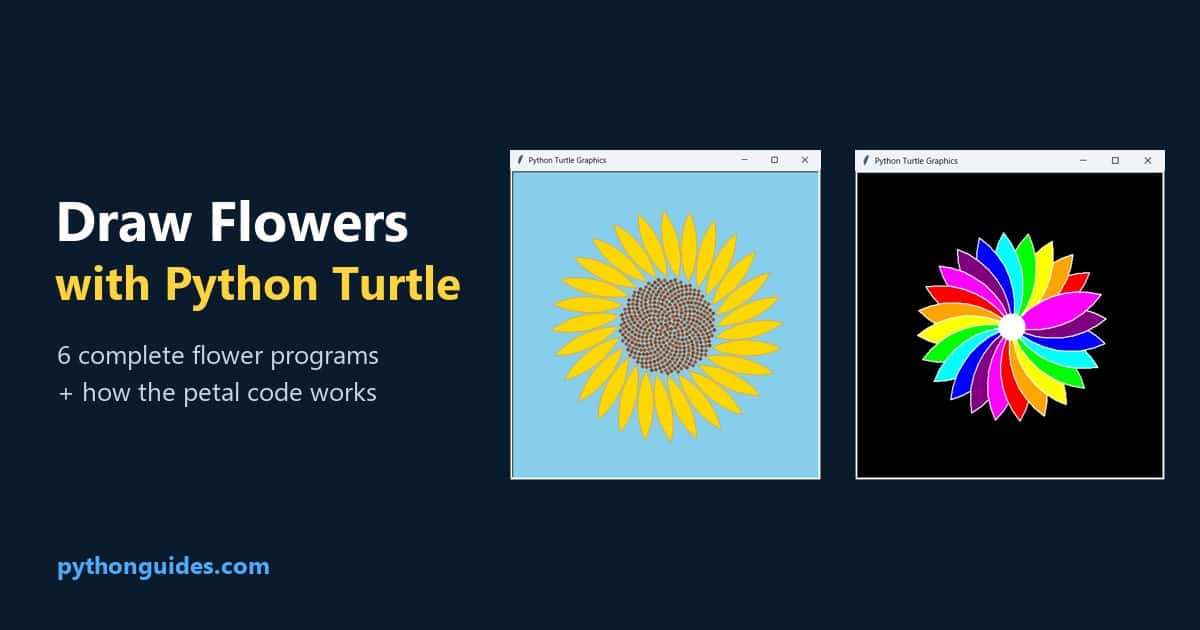 Draw a flower in Python Turtle: sunflower and colourful flower drawn with Turtle code
