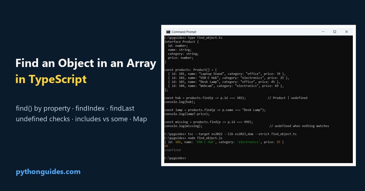 Find an object in an array in TypeScript: Command Prompt output of tsc and node finding a product object by id and name with Array.find