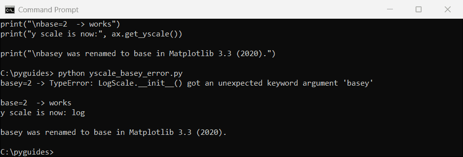 Command Prompt showing a TypeError because the matplotlib basey argument was renamed to base