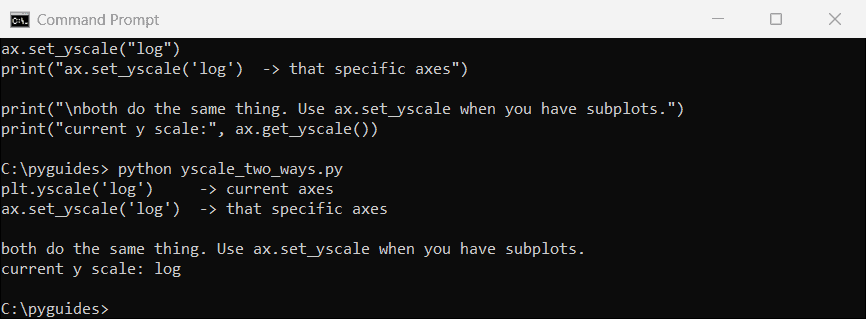Command Prompt showing the difference between plt.yscale and ax.set_yscale in Matplotlib
