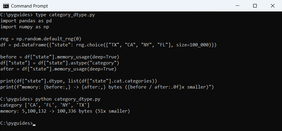 Command Prompt output of a pandas column converted to the category dtype with memory usage before and after