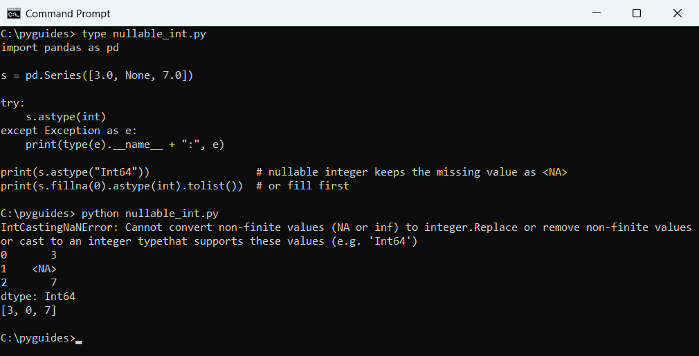 Command Prompt output of pandas astype int failing with IntCastingNaNError on NaN and converting to the nullable Int64 dtype instead