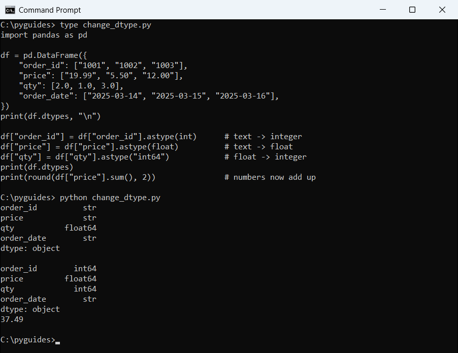 Command Prompt output of pandas df.dtypes before and after converting text columns to int and float with astype