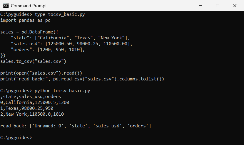Command Prompt showing pandas to_csv writing the index and read_csv returning an Unnamed 0 column