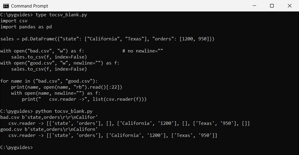 Command Prompt showing pandas to_csv on Windows writing extra carriage returns and csv reader returning blank rows