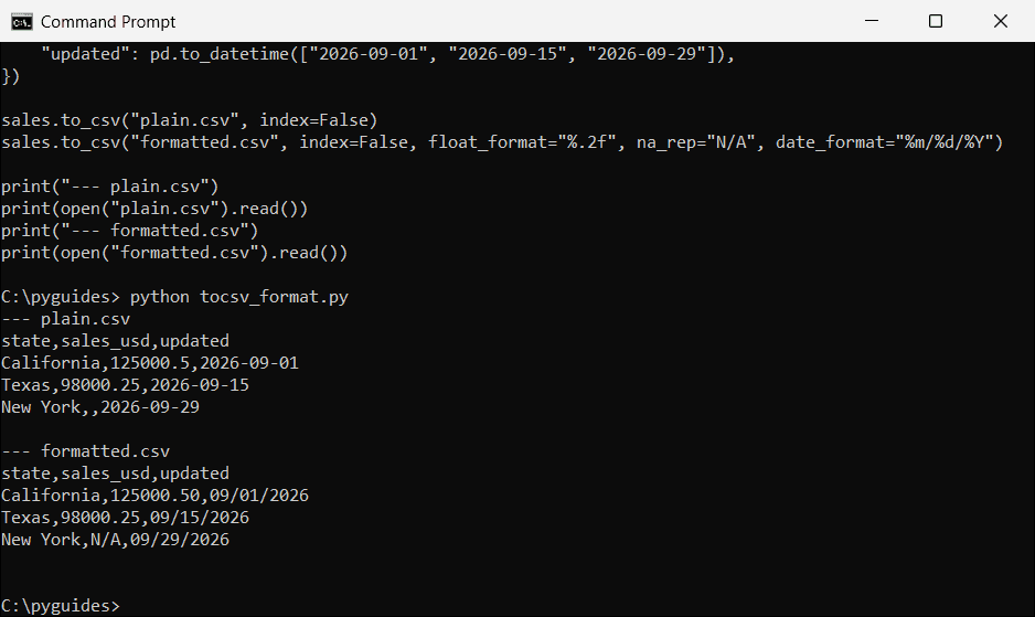 Command Prompt showing pandas to_csv with float_format na_rep and a US month day year date format