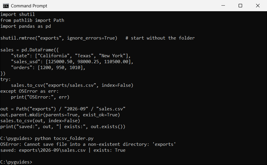 Command Prompt showing pandas to_csv raising OSError for a non-existent directory and pathlib creating the folder