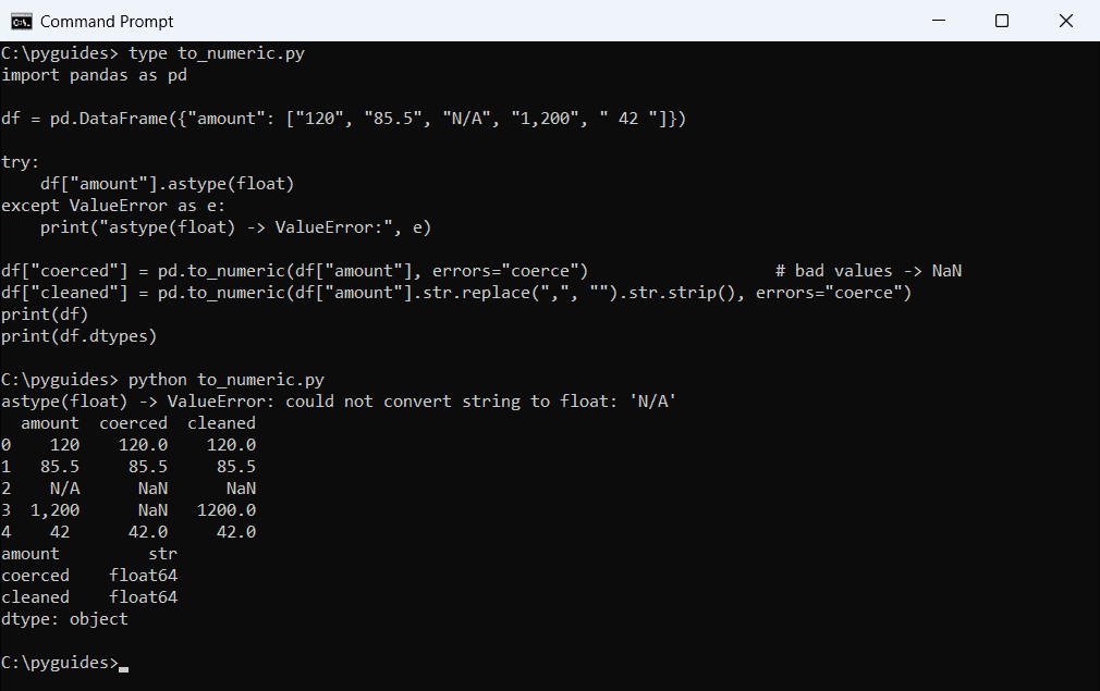 Command Prompt output of pandas astype float ValueError on N/A and pd.to_numeric with errors coerce converting messy strings to numbers