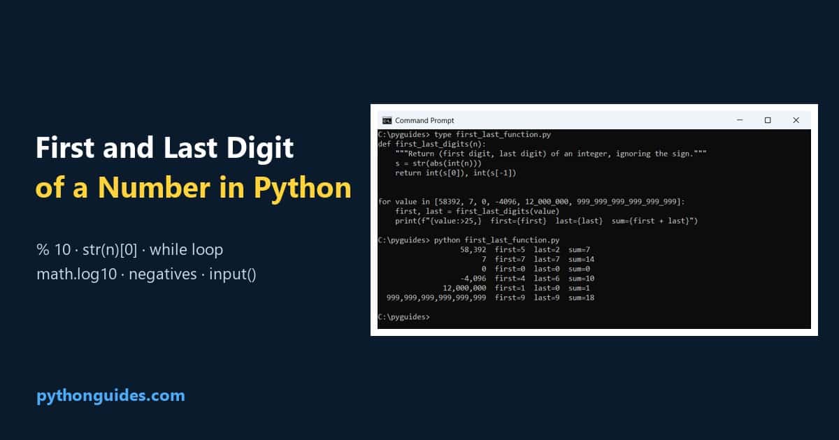 Get the first and last digit of a number in Python: Command Prompt output of a function tested on positive, negative and large numbers