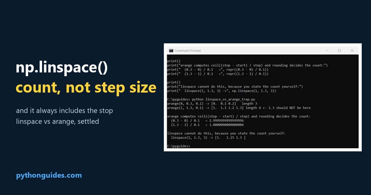 NumPy linspace: the Command Prompt showing how arange can include a stop value it should not