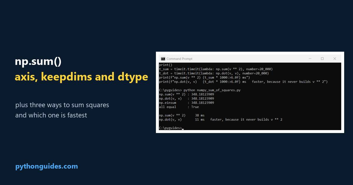Python NumPy sum: the Command Prompt comparing three ways to compute a sum of squares