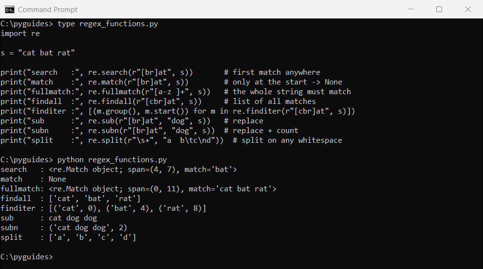 Command Prompt output comparing Python re.search, re.match, re.fullmatch, re.findall, re.finditer, re.sub, re.subn and re.split on the same string