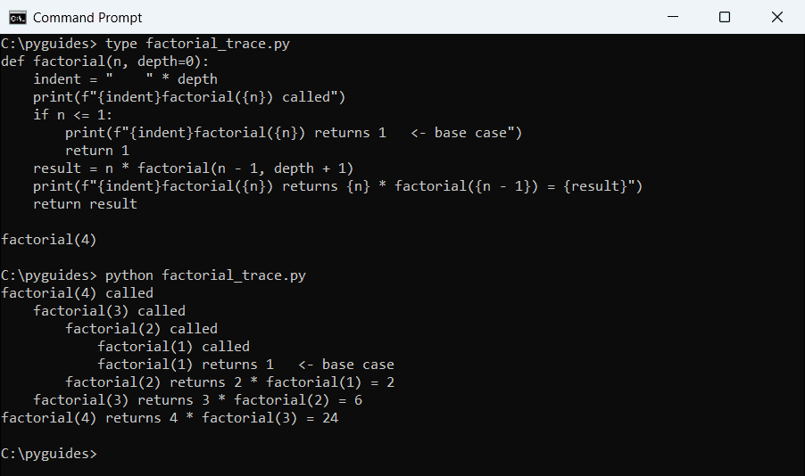 Command Prompt output tracing a recursive Python factorial function: calls from factorial(4) down to the base case factorial(1) and the returns back up
