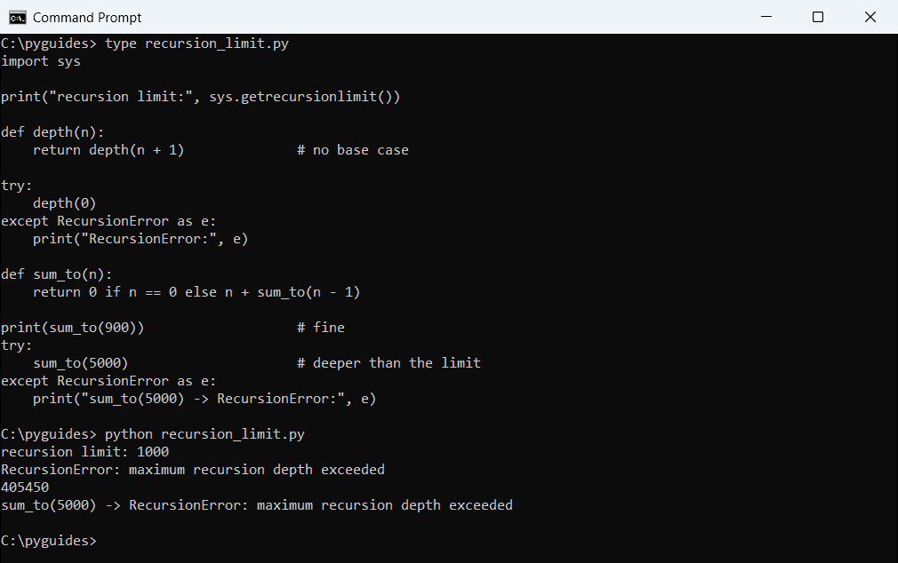 Command Prompt output of Python sys.getrecursionlimit 1000 and RecursionError maximum recursion depth exceeded for a function without a base case and for sum_to(5000)