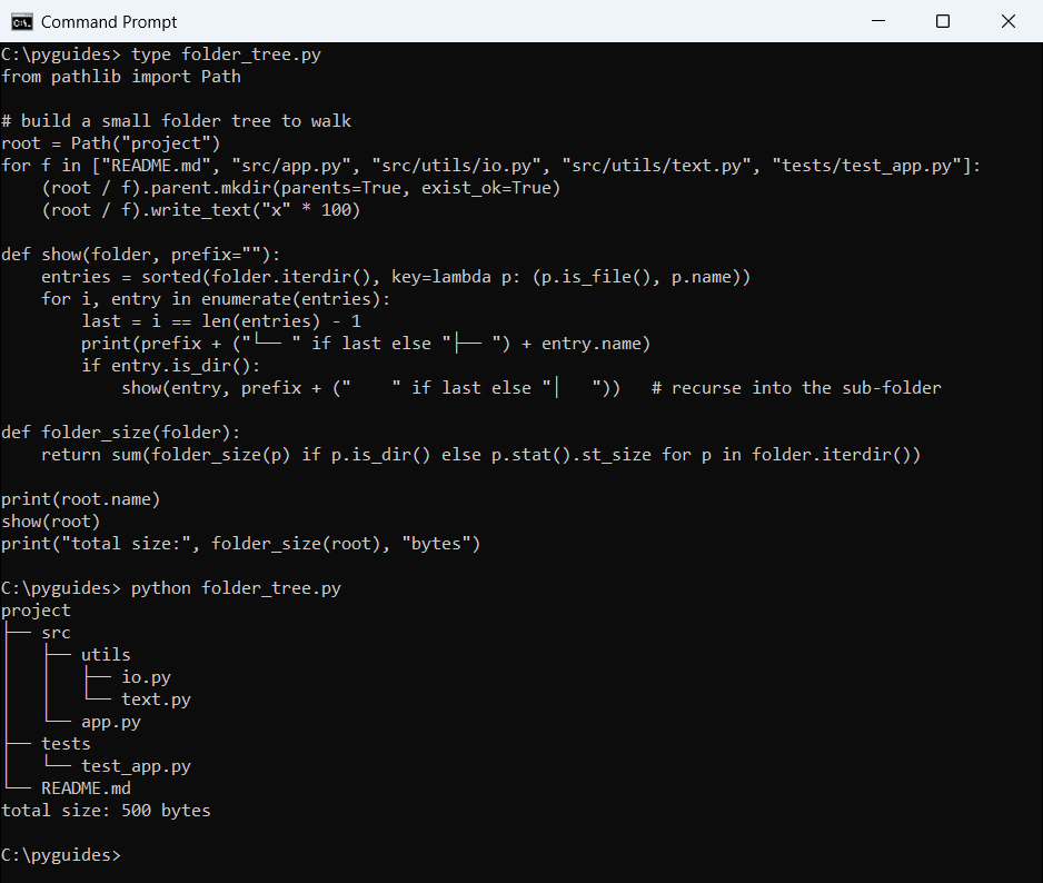 Command Prompt output of a recursive Python function printing a project folder tree with sub-folders and the total folder size