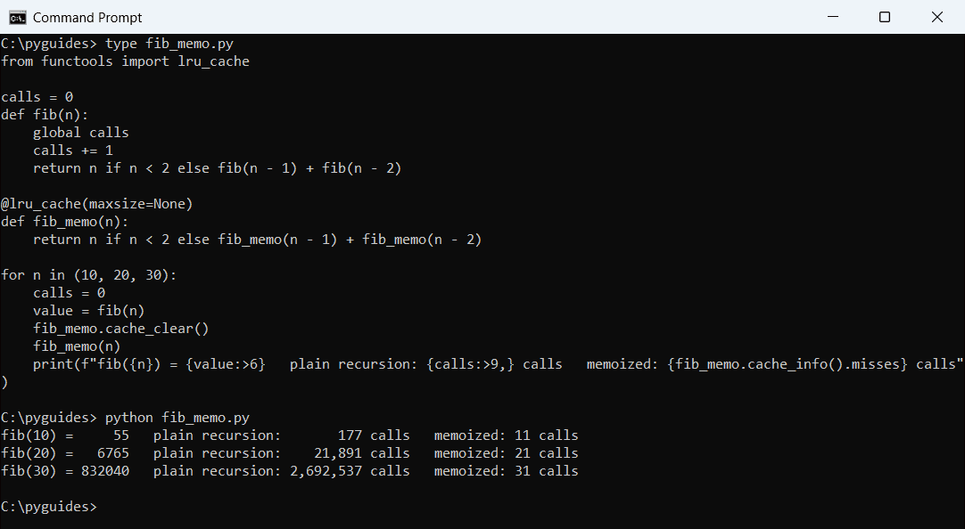 Command Prompt output comparing plain recursive Fibonacci call counts with an lru_cache memoized version for n 10, 20 and 30