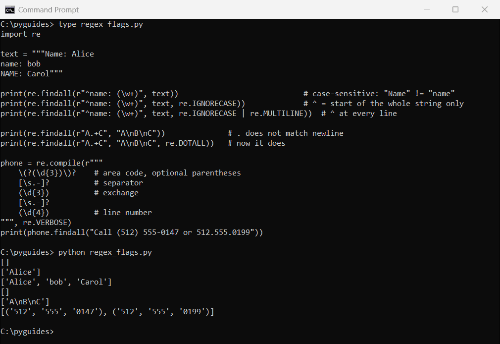 Command Prompt output of Python regex flags re.IGNORECASE, re.MULTILINE, re.DOTALL and a re.VERBOSE phone number pattern with comments