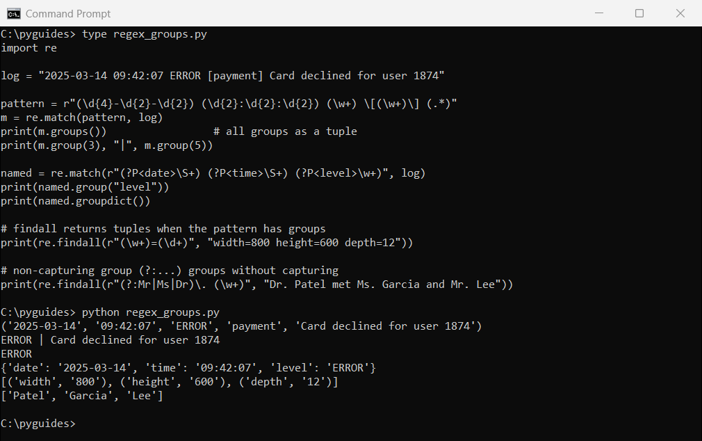 Command Prompt output of Python regex capturing groups, named groups with groupdict, findall returning tuples and a non-capturing group