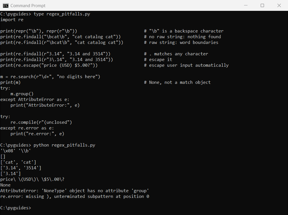 Command Prompt output of common Python regex mistakes: missing raw string for \b, unescaped dot, re.escape, AttributeError on None match and re.error for an unclosed group