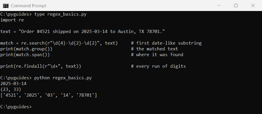 Command Prompt output of a Python script using re.search to find a date and re.findall to list all numbers in a string