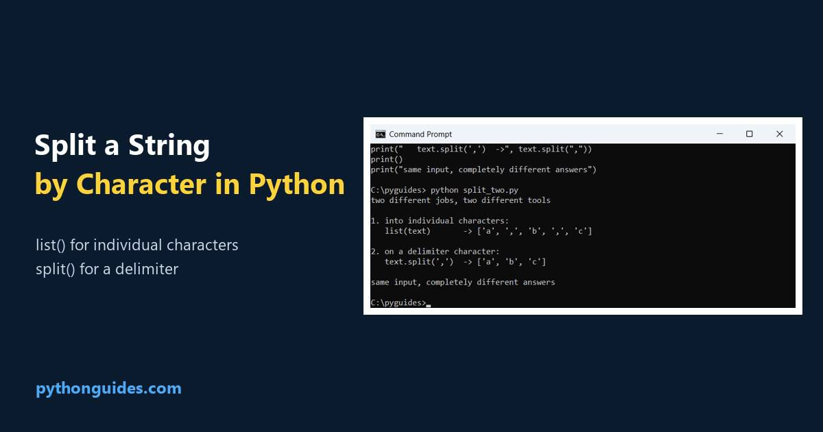 Python split string by character: the Command Prompt comparing list() with split() on the same string