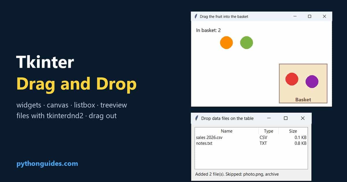 Python Tkinter drag and drop: canvas items dragged into a basket and files dropped on a Treeview with tkinterdnd2