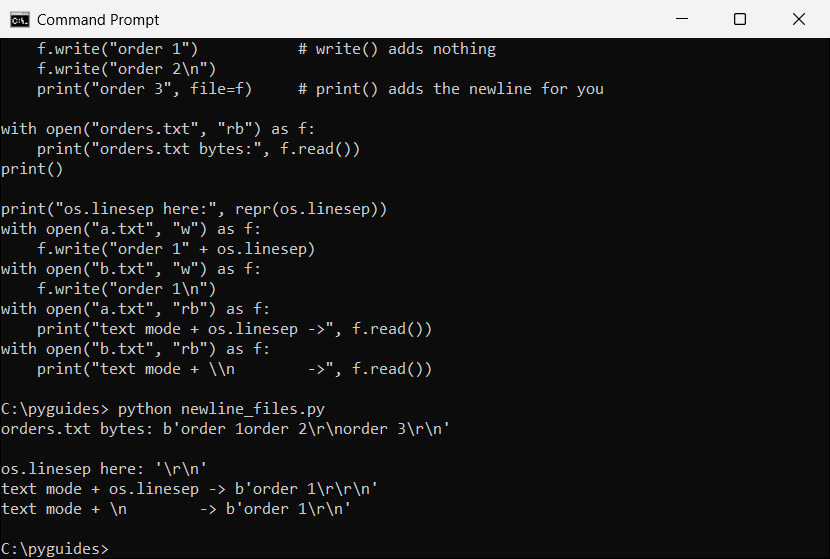 python write new line to file os linesep command prompt Command Prompt showing the bytes Python writes for a newline in text mode on Windows and os.linesep doubling the carriage return