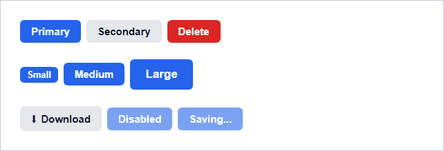 Reusable React Button component in Edge with primary, secondary and danger variants, small medium and large sizes, an icon button, a disabled button and a Save button in loading state