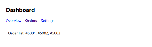 React Router dashboard in Edge with nested routes: Orders NavLink in bold and the order list rendered inside the Outlet