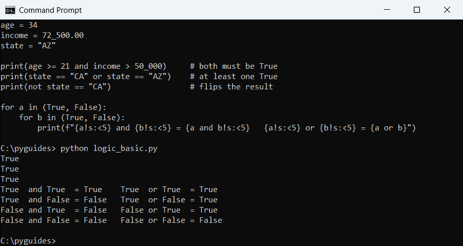 and and or in python truth table command prompt Command Prompt output of Python and, or and not on loan-style conditions plus a full truth table for and and or