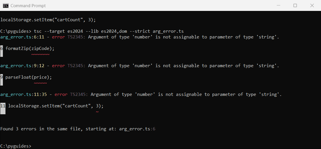 argument of type number not assignable to parameter of type string ts2345 tsc Command Prompt showing tsc error TS2345: Argument of type 'number' is not assignable to parameter of type 'string' three times