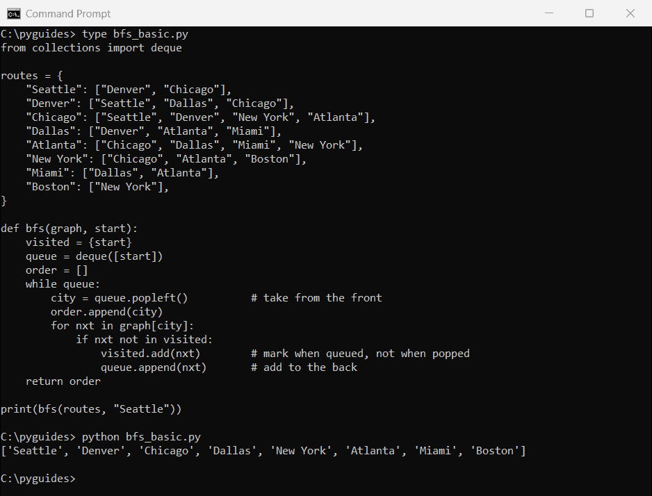 Command Prompt output of a breadth first search in Python over a dictionary of US flight routes starting from Seattle