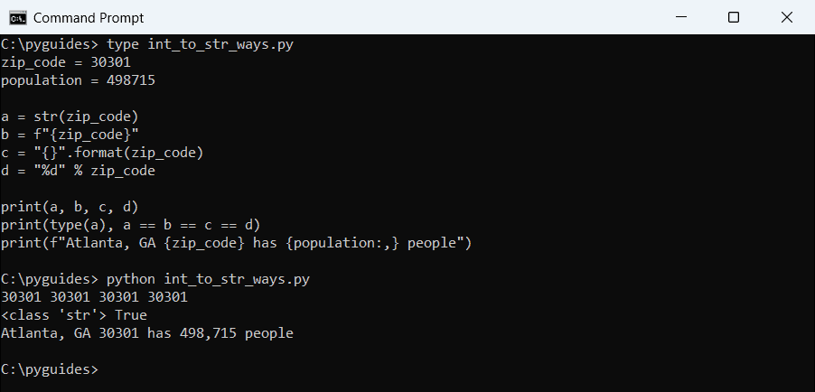 Command Prompt output converting a Python integer zip code to a string with str, an f-string, format and the percent operator