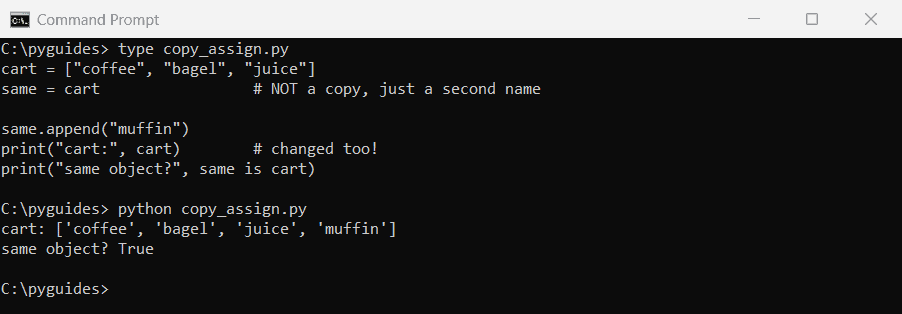 copy a list in python assignment is not a copy command prompt Command Prompt output showing a Python list assigned to a second variable and both names changing after append