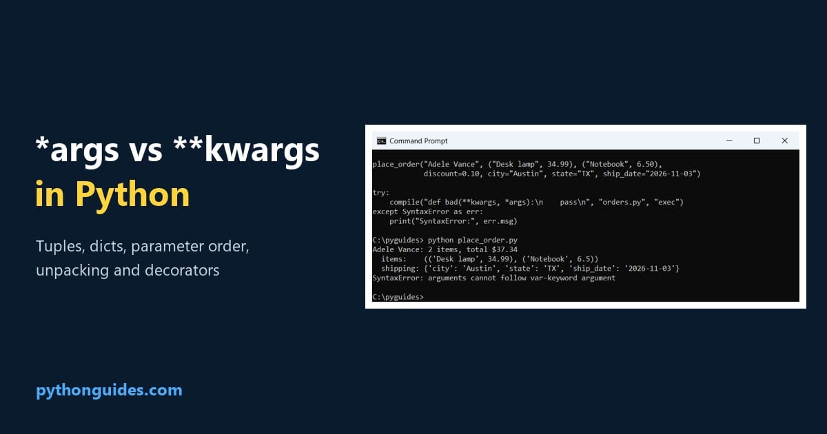 Difference between *args and **kwargs in Python: Command Prompt output of a function using both