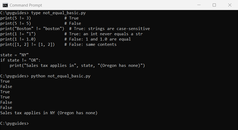 does not equal in python operator examples command prompt Command Prompt output of the Python not equal operator comparing numbers, strings of different case, an int and a str, and lists