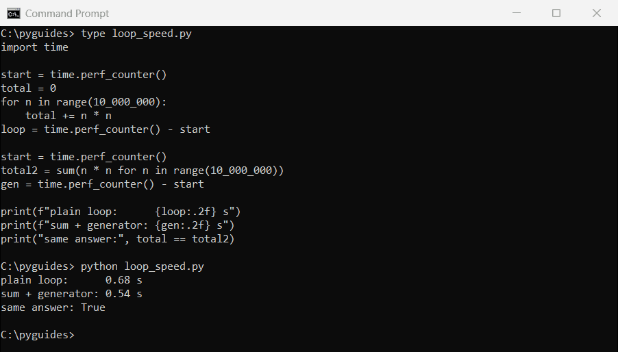 go vs python cpu loop speed python timing command prompt Command Prompt output timing a ten million step Python loop and a sum with a generator expression