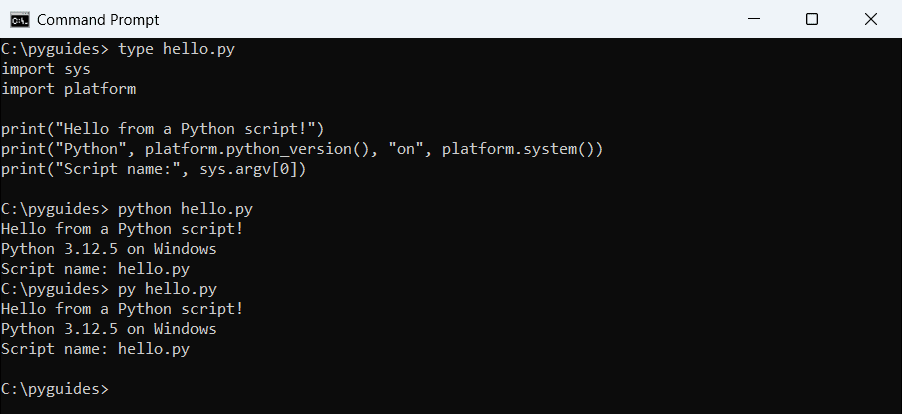 Windows Command Prompt running a Python script with python hello.py and with the py launcher