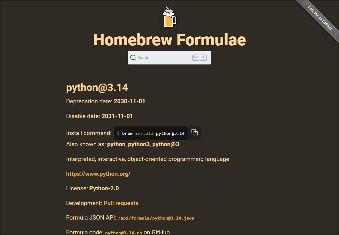 The Homebrew formulae page for python@3.14 showing the brew install command and the python3 alias