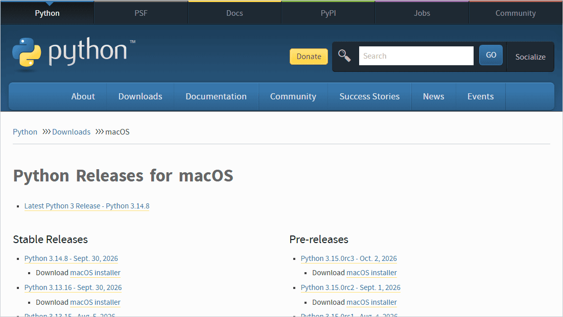 The python.org Python Releases for macOS page showing the latest Python 3 release and its macOS installer download