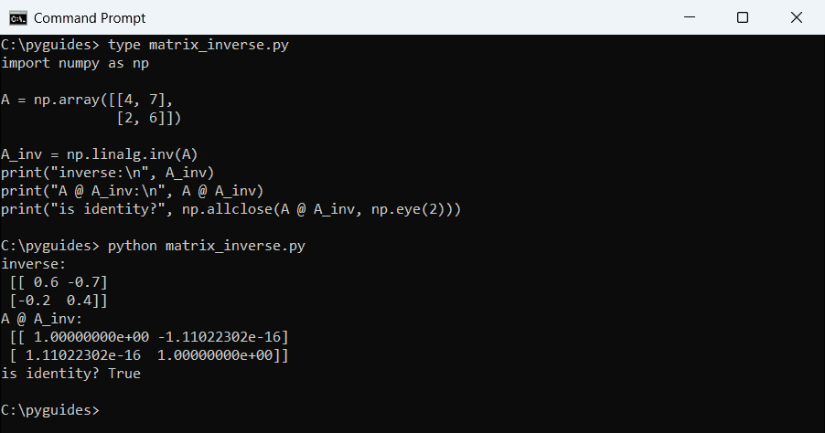 Command Prompt output of numpy.linalg.inv inverting a 2x2 matrix and np.allclose confirming the product is the identity matrix