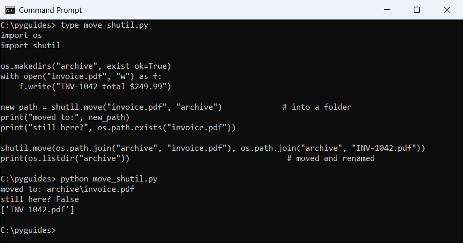 Command Prompt output of Python shutil.move moving invoice.pdf into an archive folder and then renaming it