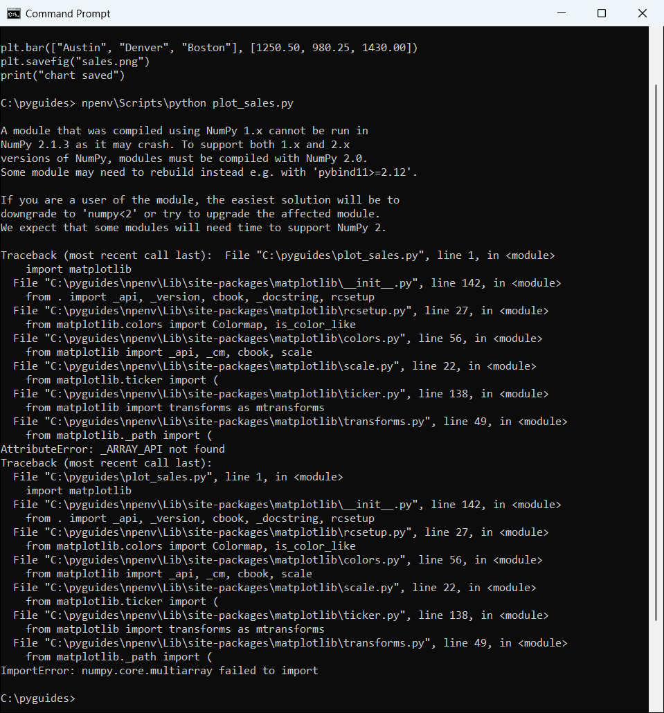 Command Prompt output of the NumPy 2 warning that a module compiled using NumPy 1.x cannot be run, followed by ImportError numpy.core.multiarray failed to import