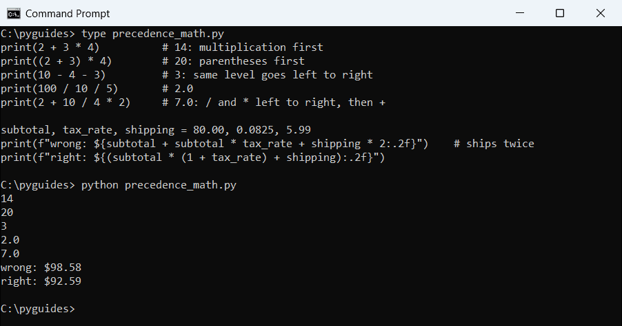 Command Prompt output of Python order of operations examples showing multiplication before addition and parentheses changing results