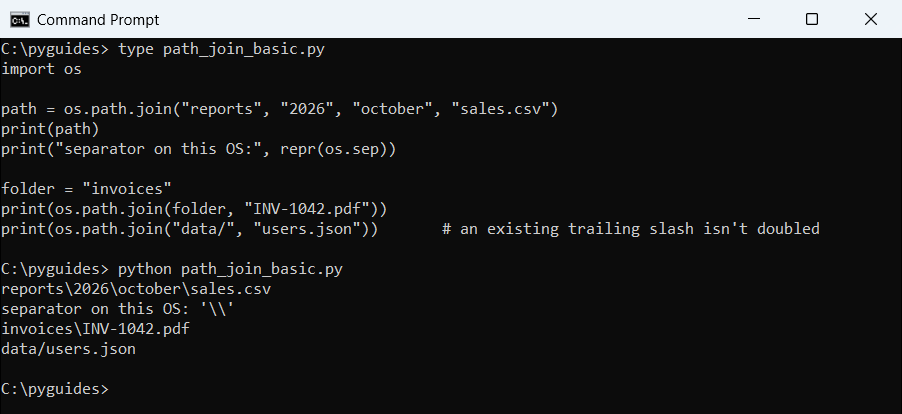 Command Prompt output of Python os.path.join building a Windows path with backslashes from folder and file names