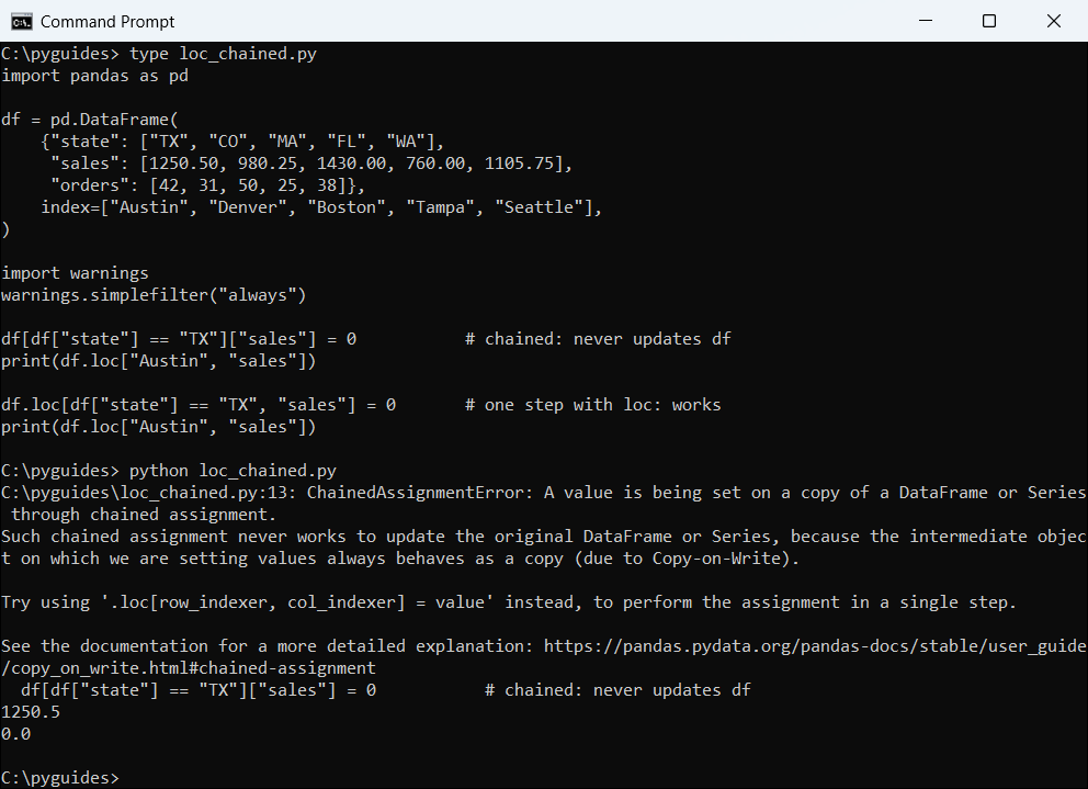 pandas 3 chained assignment error use loc command prompt Command Prompt output of a pandas 3 ChainedAssignmentError warning, with the original unchanged, then a working loc assignment