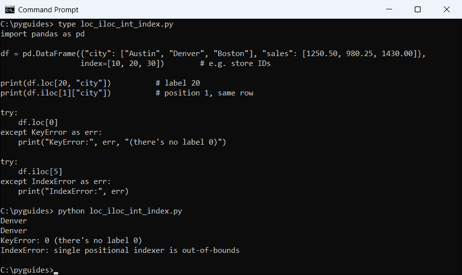 pandas loc keyerror iloc indexerror integer index command prompt Command Prompt output of pandas loc raising KeyError 0 on an integer index and iloc raising IndexError out of bounds