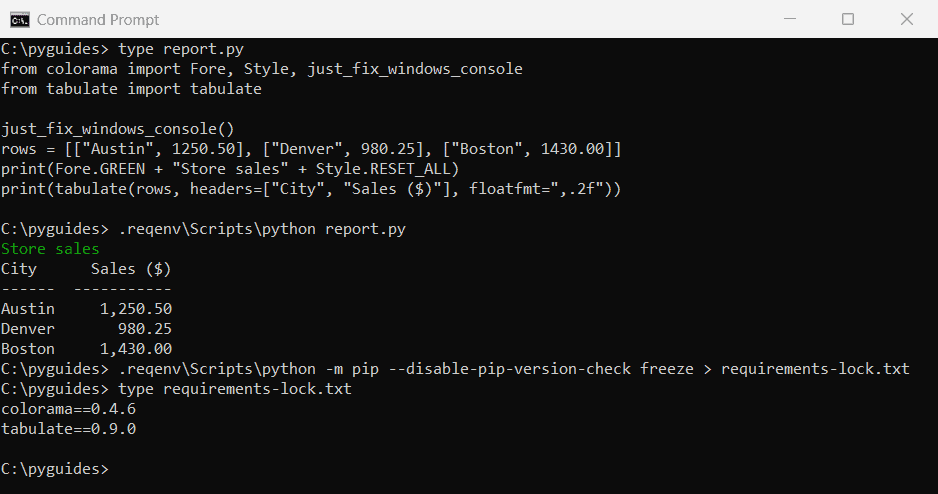 Command Prompt output of a Python report using tabulate and colorama, then pip freeze writing requirements-lock.txt