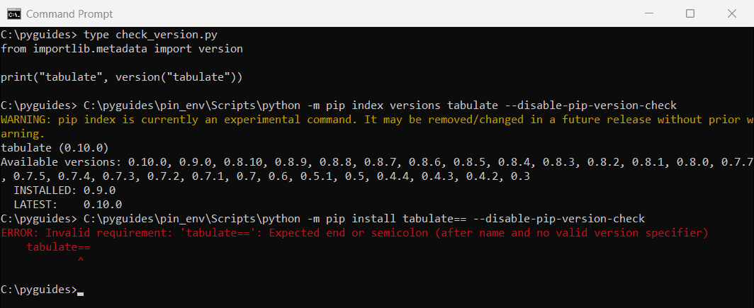 Command Prompt showing pip index versions tabulate listing available versions and pip install tabulate== failing with Invalid requirement