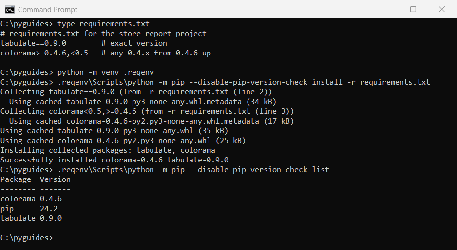 Command Prompt output of pip install -r requirements.txt inside a new Python virtual environment, followed by pip list